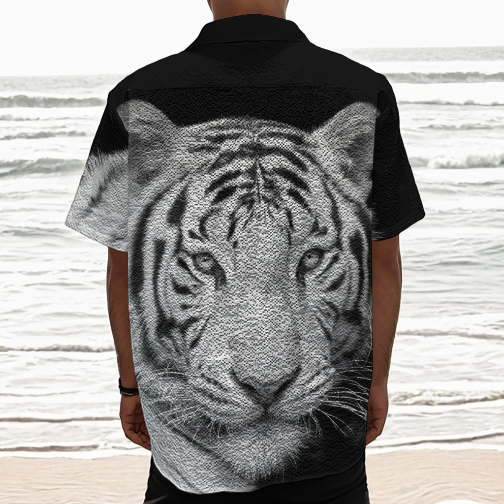 Monochrome White Bengal Tiger Print Textured Short Sleeve Shirt