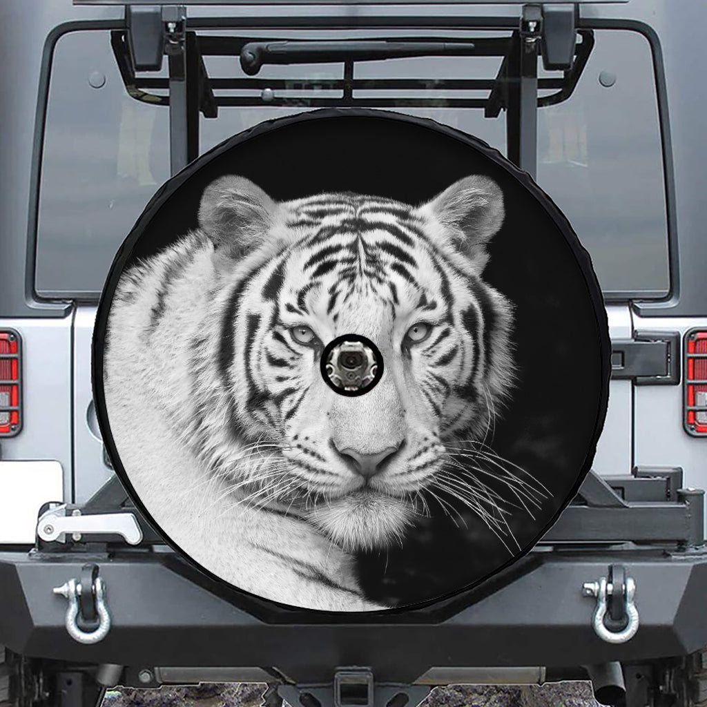 Monochrome White Bengal Tiger Print Tire Cover With Camera Hole