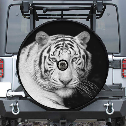 Monochrome White Bengal Tiger Print Tire Cover With Camera Hole