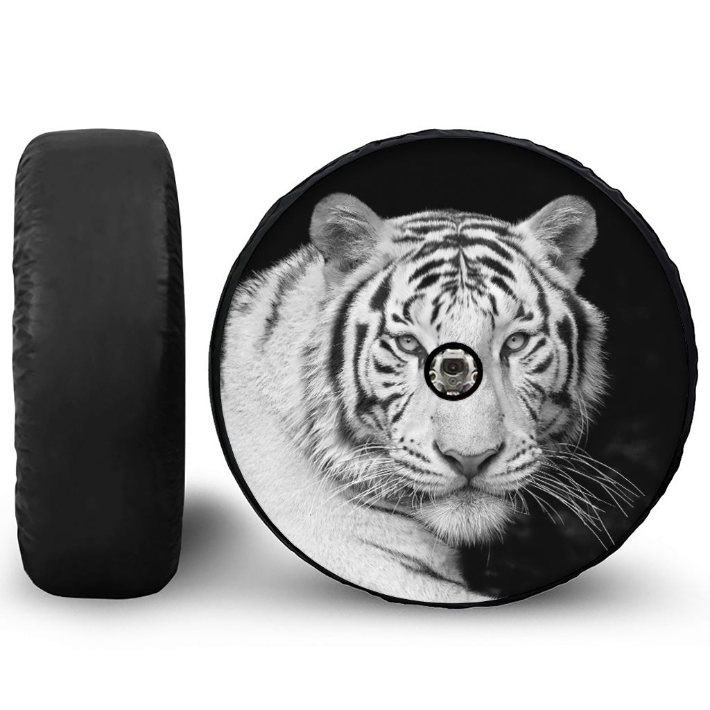 Monochrome White Bengal Tiger Print Tire Cover With Camera Hole