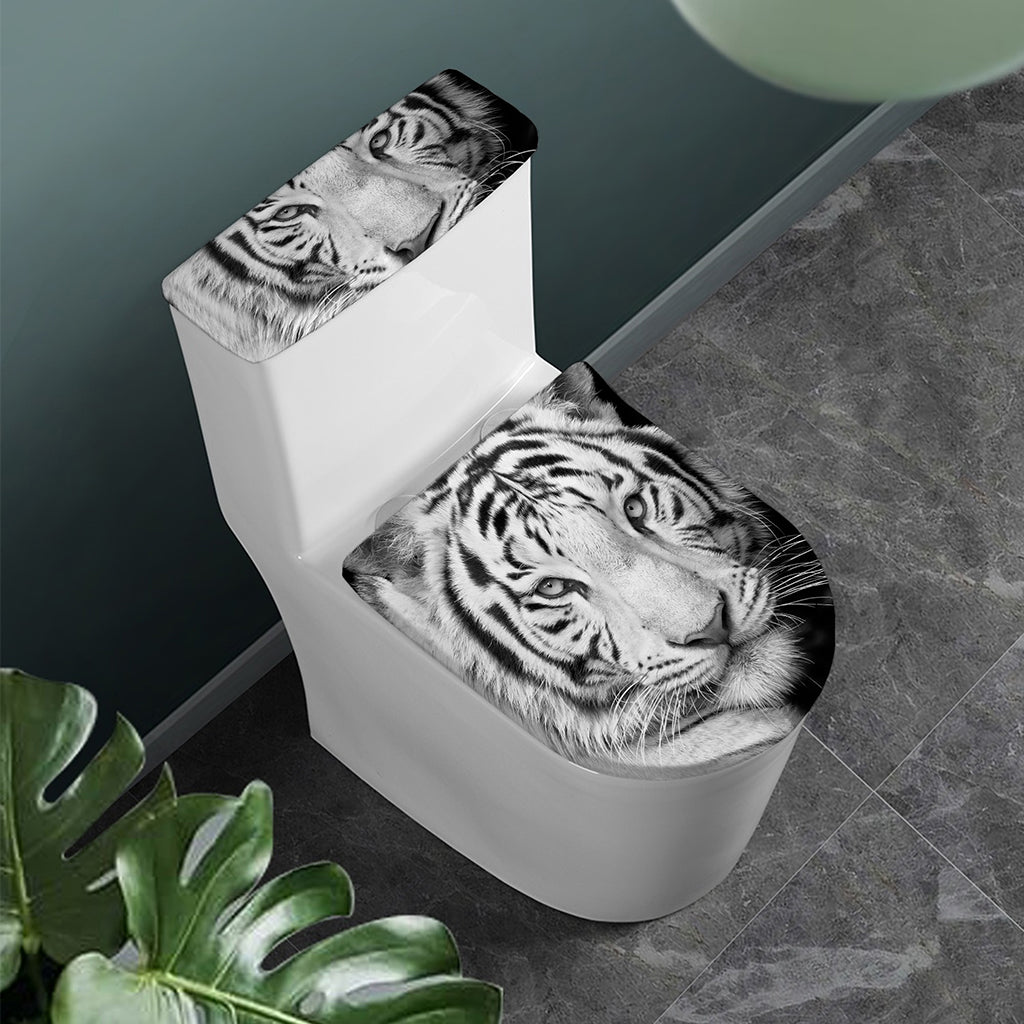Monochrome White Bengal Tiger Print Toilet Lid And Tank Cover Set