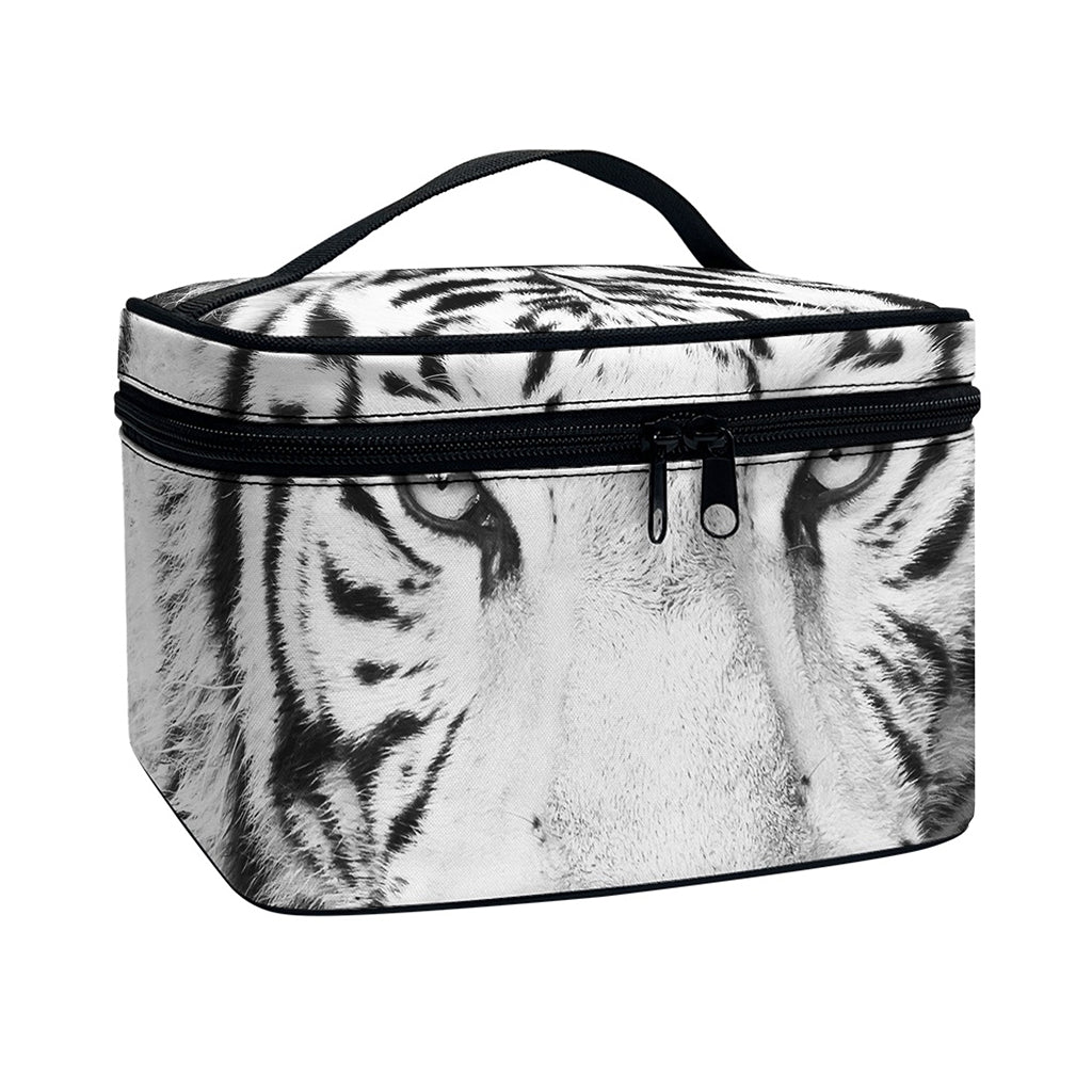Monochrome White Bengal Tiger Print Travel Makeup Bag