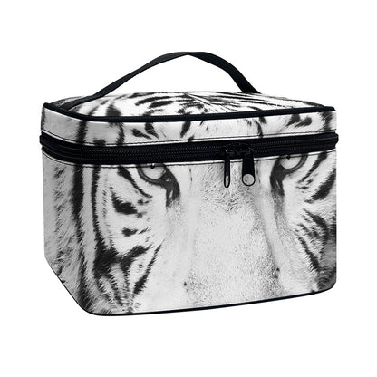 Monochrome White Bengal Tiger Print Travel Makeup Bag