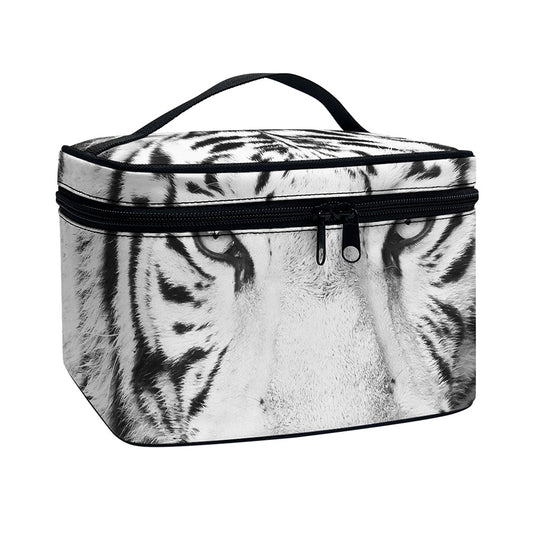 Monochrome White Bengal Tiger Print Travel Makeup Bag