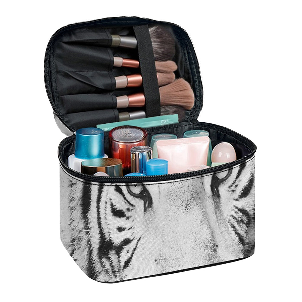 Monochrome White Bengal Tiger Print Travel Makeup Bag
