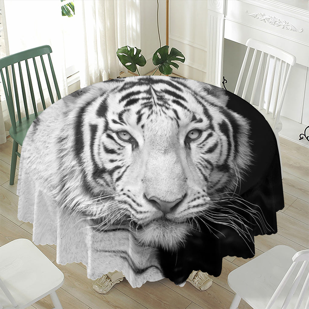 Monochrome White Bengal Tiger Print Waterproof Round Tablecloth
