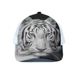 Monochrome White Bengal Tiger Print White Mesh Trucker Cap