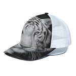 Monochrome White Bengal Tiger Print White Mesh Trucker Cap