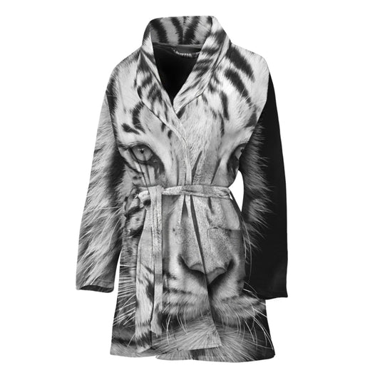 Monochrome White Bengal Tiger Print Women's Bathrobe
