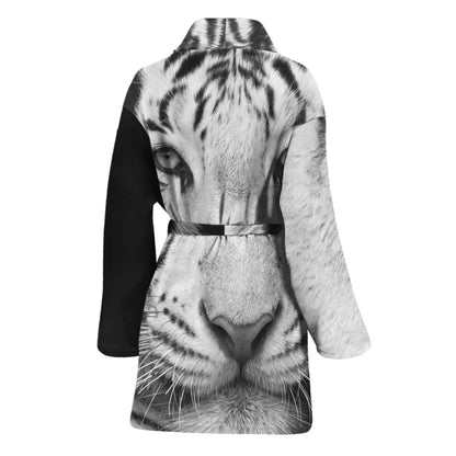 Monochrome White Bengal Tiger Print Women's Bathrobe