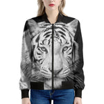Monochrome White Bengal Tiger Print Women's Bomber Jacket