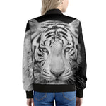 Monochrome White Bengal Tiger Print Women's Bomber Jacket