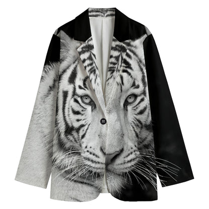 Monochrome White Bengal Tiger Print Women's Cotton Blazer