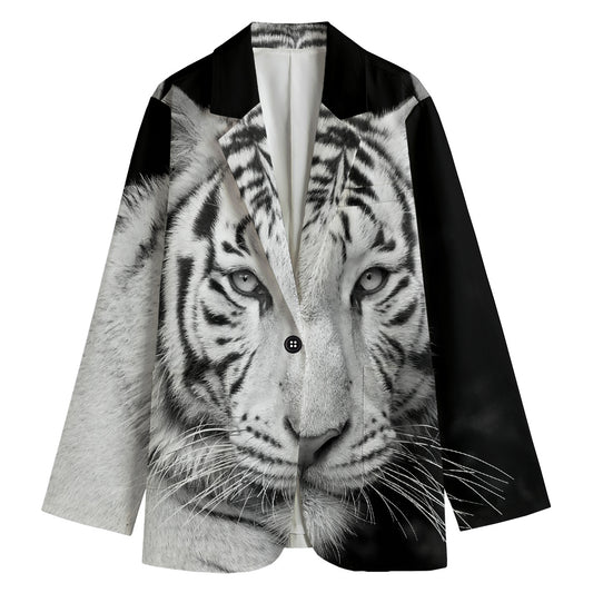 Monochrome White Bengal Tiger Print Women's Cotton Blazer