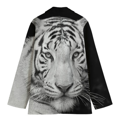 Monochrome White Bengal Tiger Print Women's Cotton Blazer