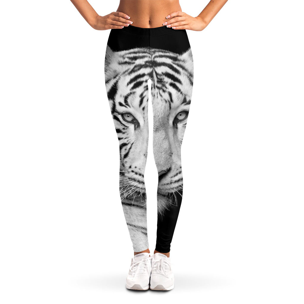 Monochrome White Bengal Tiger Print Women's Leggings