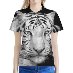 Monochrome White Bengal Tiger Print Women's Polo Shirt