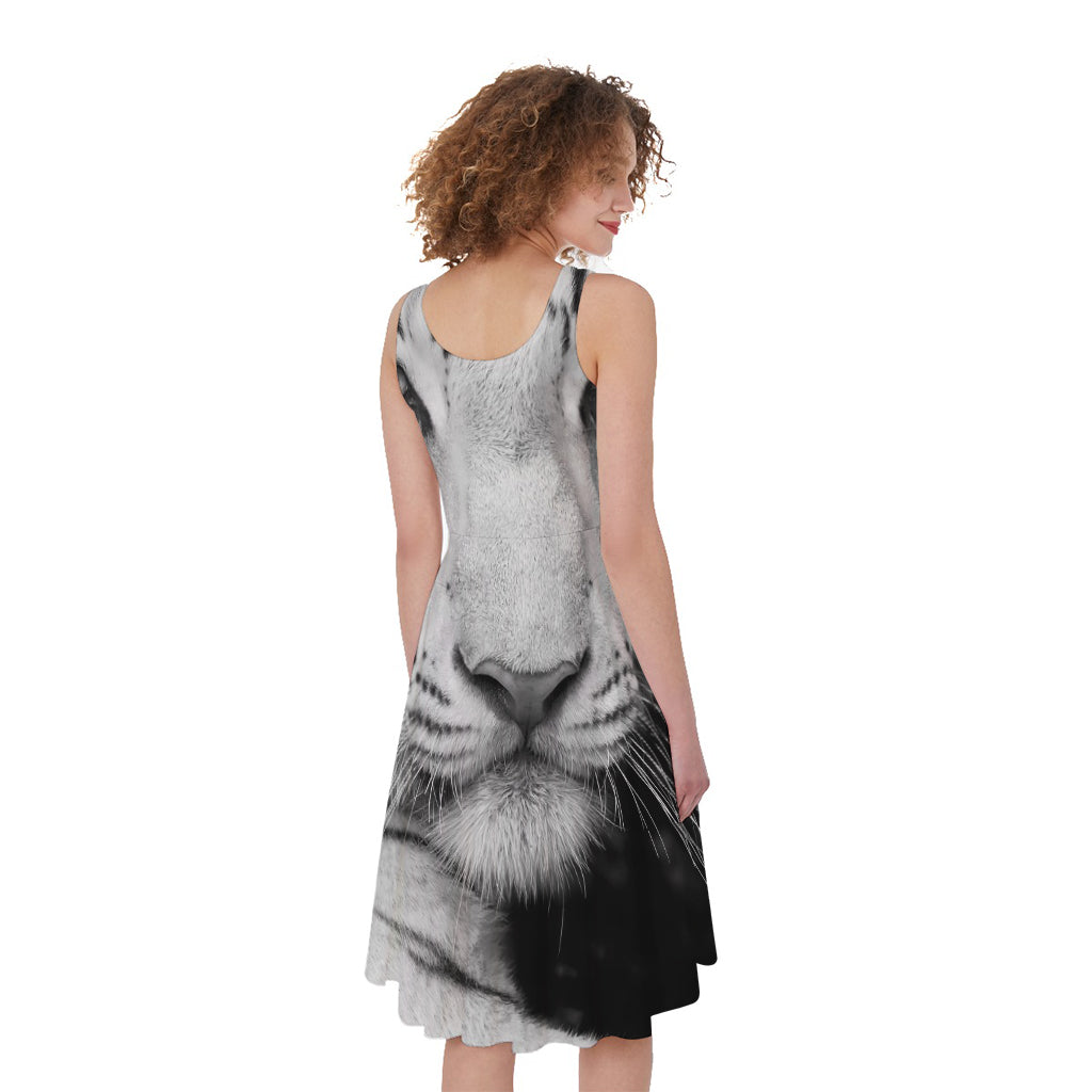 Monochrome White Bengal Tiger Print Women's Sleeveless Dress