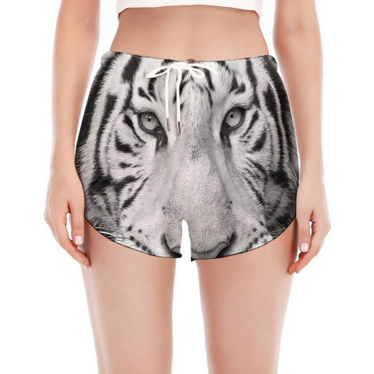 Monochrome White Bengal Tiger Print Women's Split Running Shorts