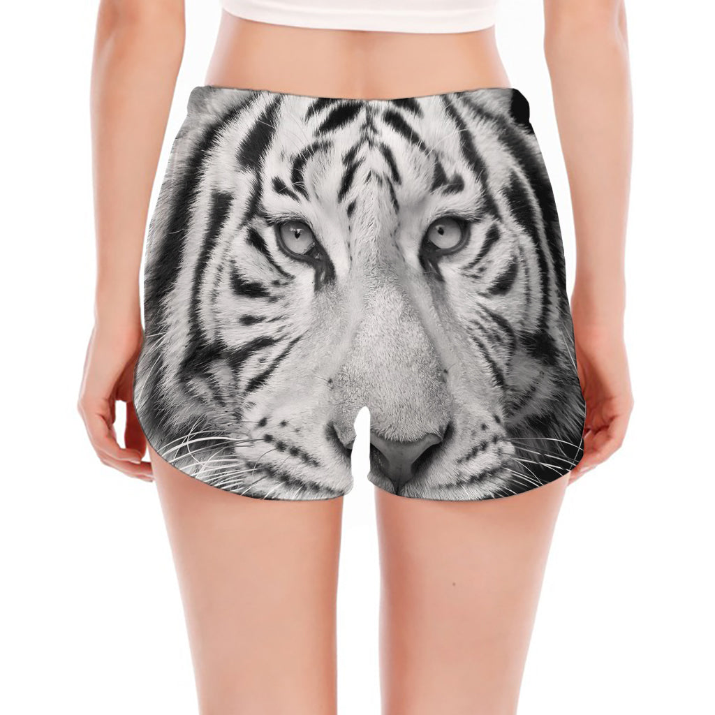 Monochrome White Bengal Tiger Print Women's Split Running Shorts