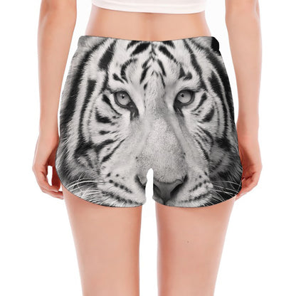 Monochrome White Bengal Tiger Print Women's Split Running Shorts