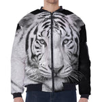 Monochrome White Bengal Tiger Print Zip Sleeve Bomber Jacket