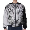 Monochrome White Bengal Tiger Print Zip Sleeve Bomber Jacket