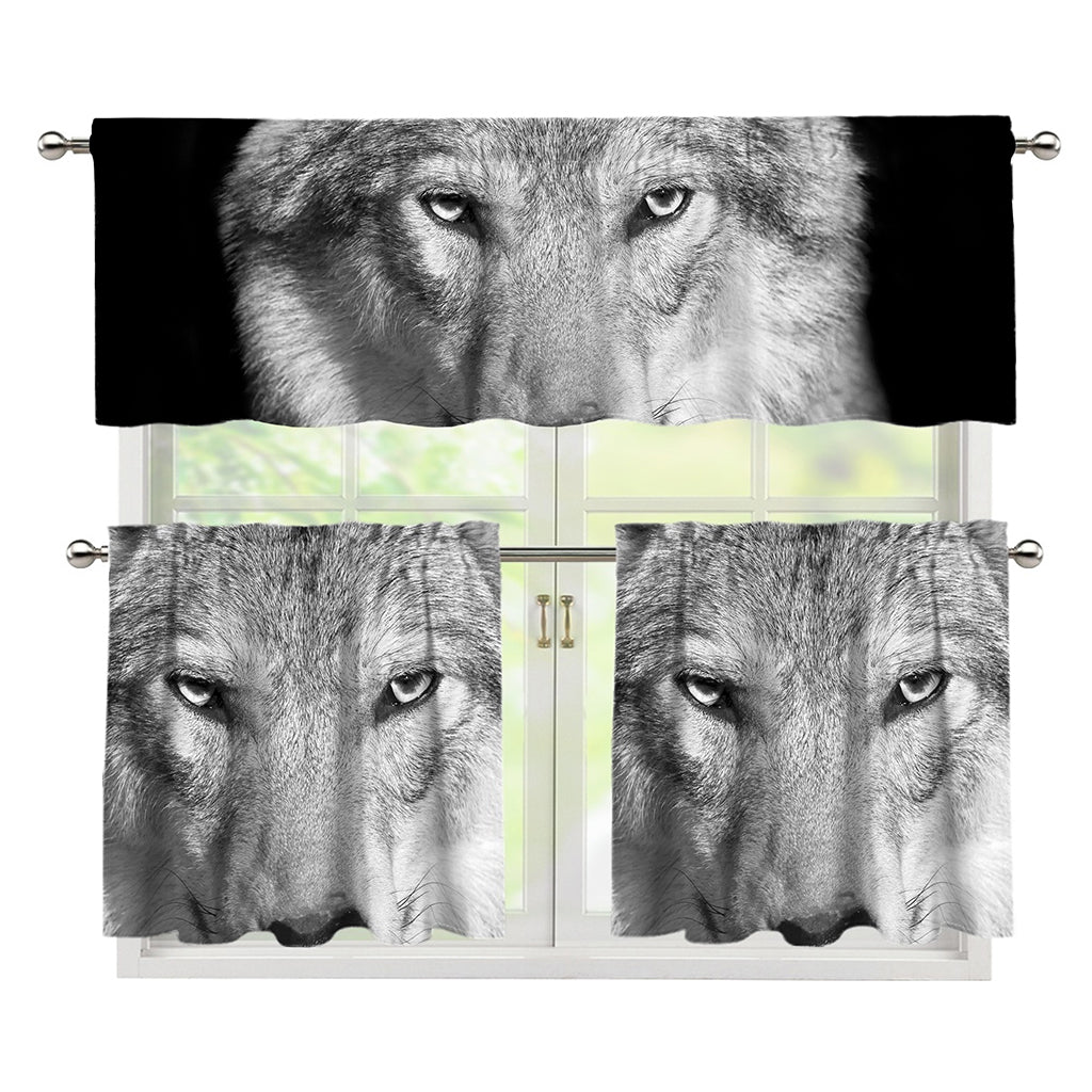 Monochrome Wolf Print 3 Piece Kitchen Curtains