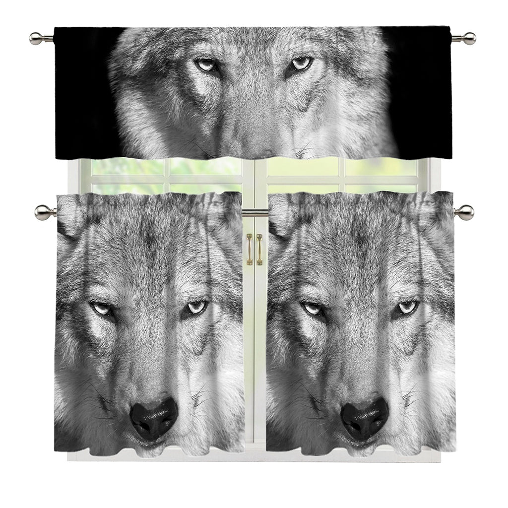 Monochrome Wolf Print 3 Piece Kitchen Curtains