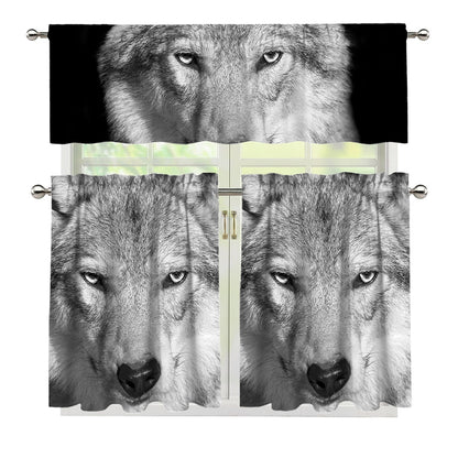 Monochrome Wolf Print 3 Piece Kitchen Curtains