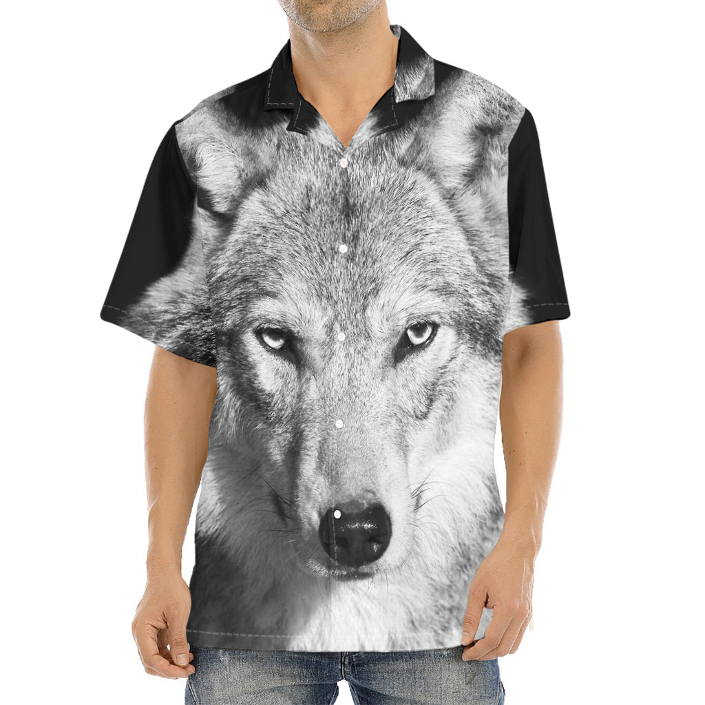Monochrome Wolf Print Aloha Shirt