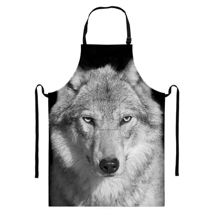 Monochrome Wolf Print Bib Apron With Pocket