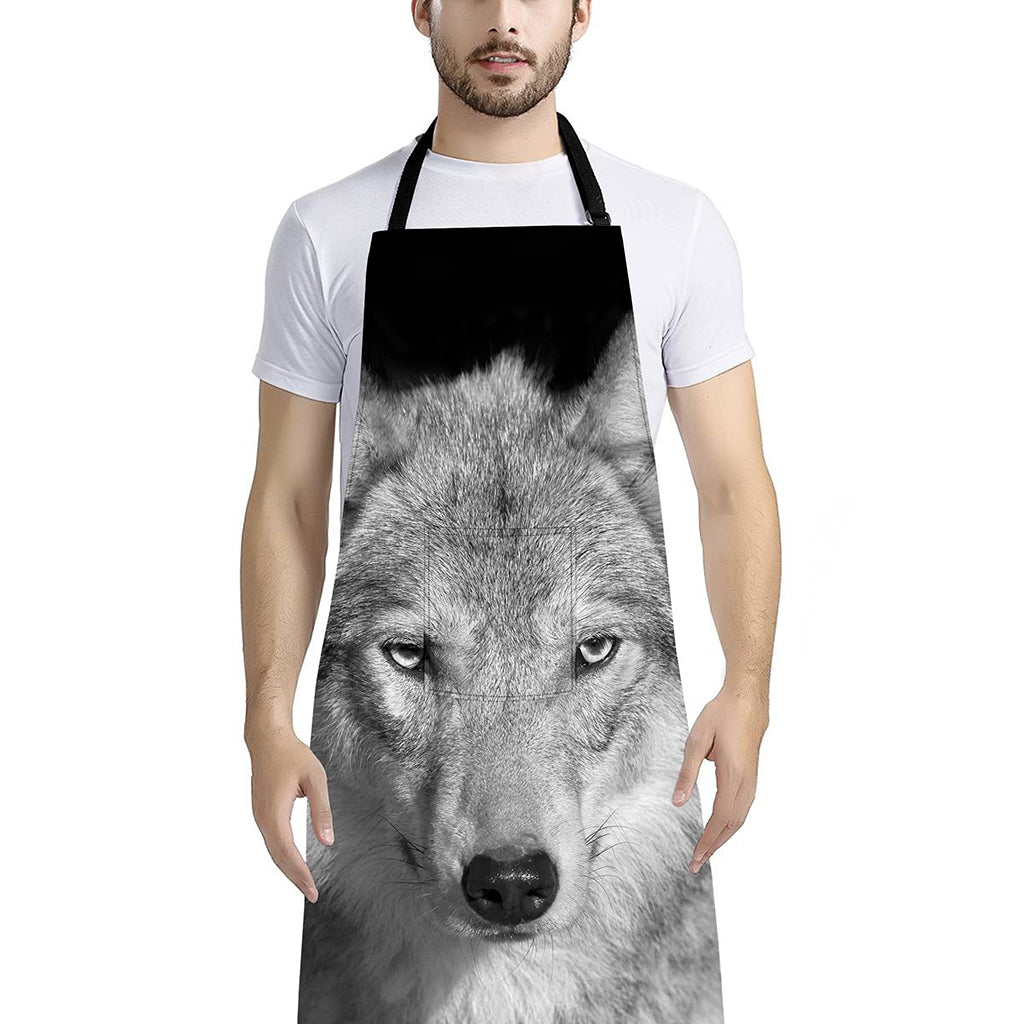 Monochrome Wolf Print Bib Apron With Pocket