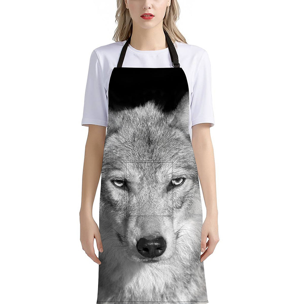 Monochrome Wolf Print Bib Apron With Pocket