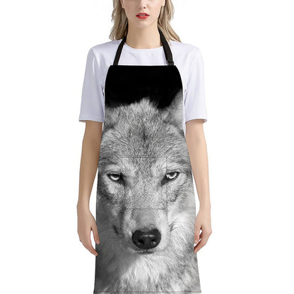 Monochrome Wolf Print Bib Apron With Pocket