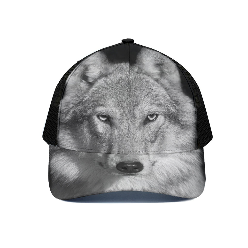 Monochrome Wolf Print Black Mesh Trucker Cap