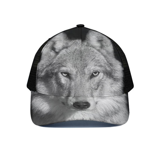 Monochrome Wolf Print Black Mesh Trucker Cap