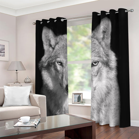 Monochrome Wolf Print Blackout Grommet Curtains