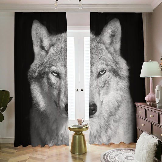 Monochrome Wolf Print Blackout Pencil Pleat Curtains