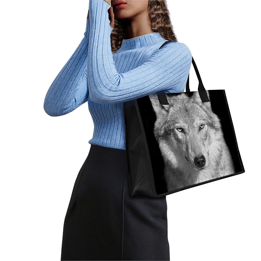 Monochrome Wolf Print Canvas Tote Bag