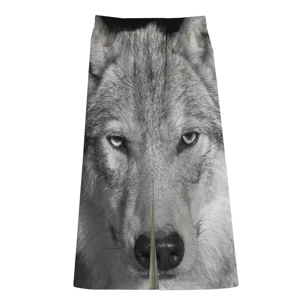 Monochrome Wolf Print Cotton Front Slit Maxi Skirt