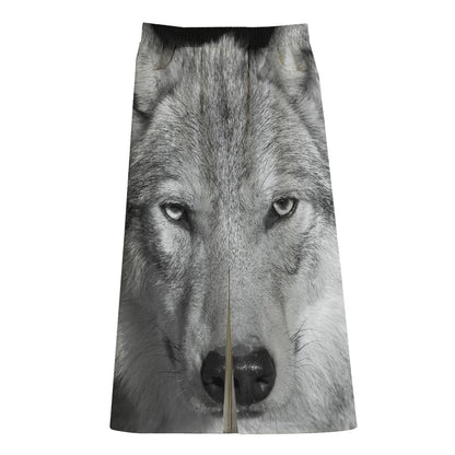 Monochrome Wolf Print Cotton Front Slit Maxi Skirt