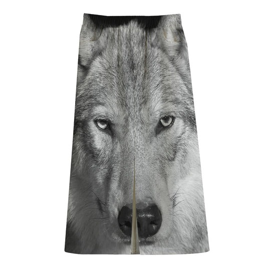 Monochrome Wolf Print Cotton Front Slit Maxi Skirt