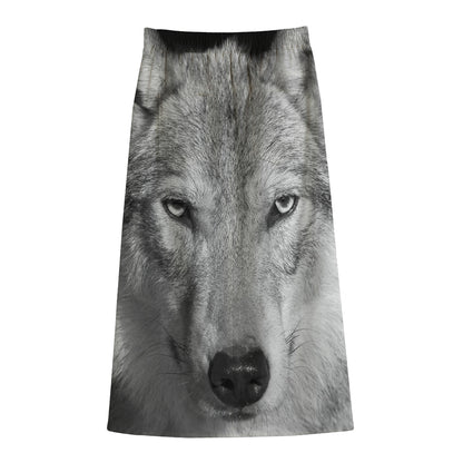 Monochrome Wolf Print Cotton Front Slit Maxi Skirt