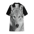 Monochrome Wolf Print Cotton Hawaiian Shirt