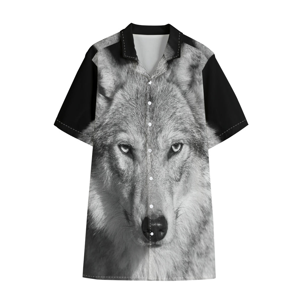 Monochrome Wolf Print Cotton Hawaiian Shirt