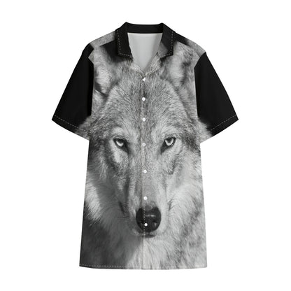 Monochrome Wolf Print Cotton Hawaiian Shirt