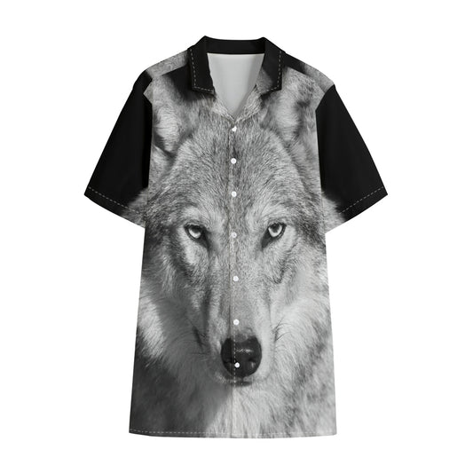 Monochrome Wolf Print Cotton Hawaiian Shirt