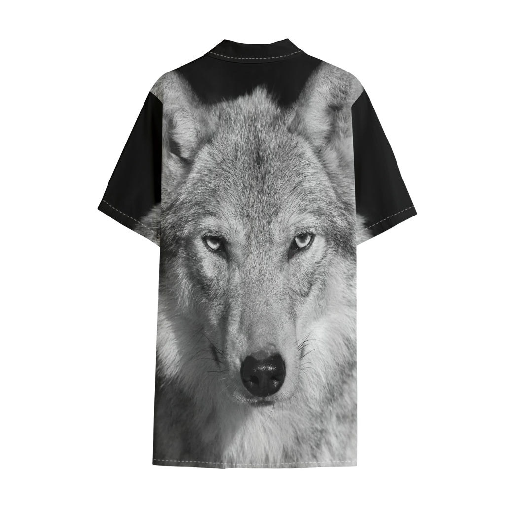 Monochrome Wolf Print Cotton Hawaiian Shirt