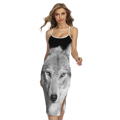 Monochrome Wolf Print Cross Back Cami Dress